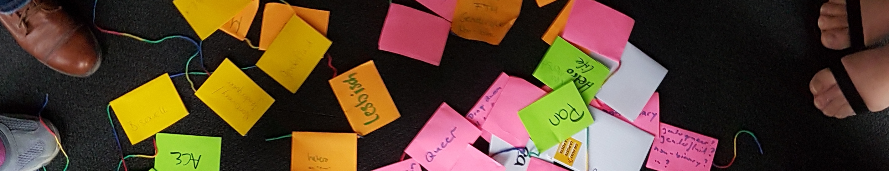 Foto von bunten Post-Its, die mit einer Schnur verbunden sind. Darauf stehen Label wie pan, lesbisch, hetero life und FTM.