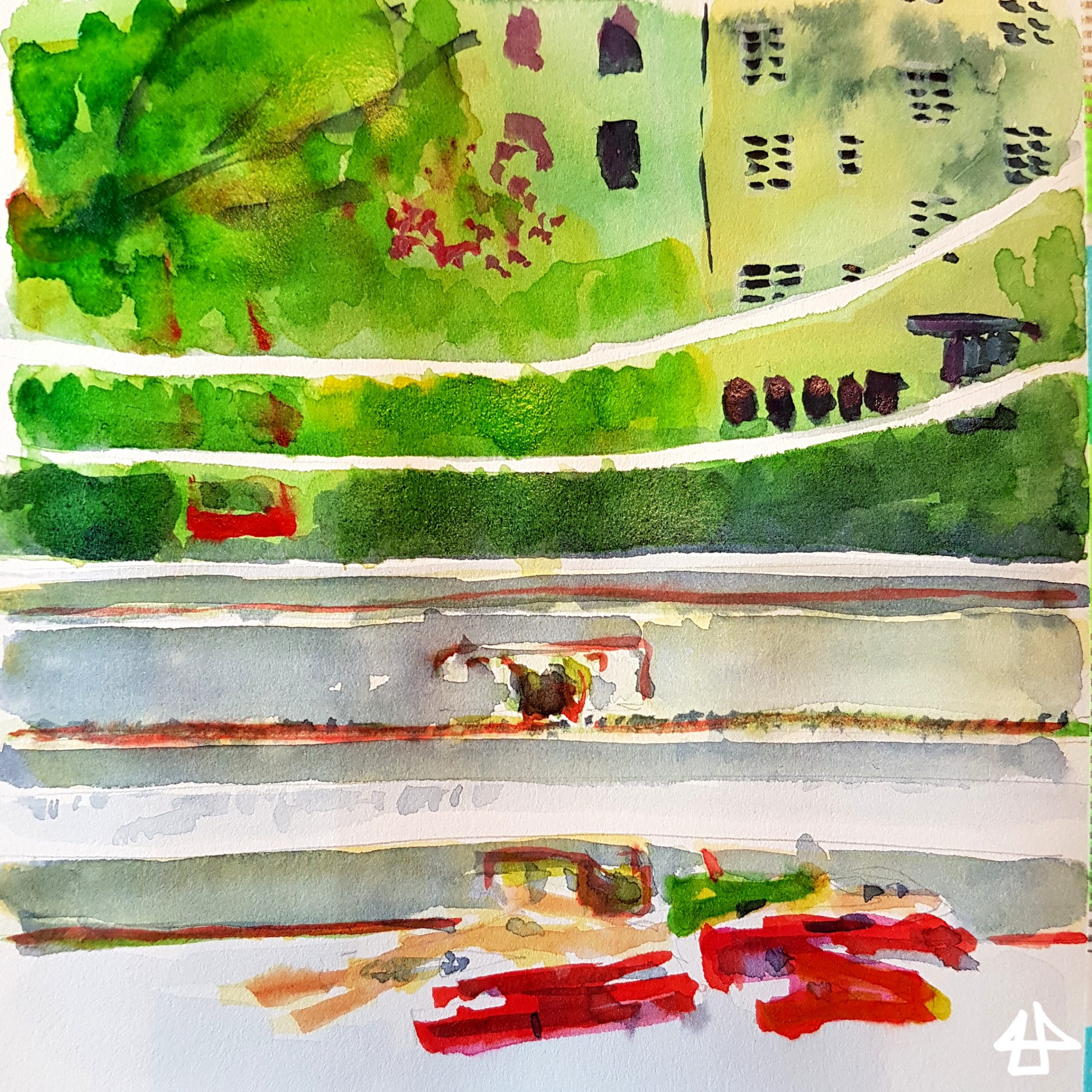 Zeichnung mit Buntstiften und Aquarell. Bunten Wäscheklammern liegen auf einem Fensterbrett, der Blick fällt in den Hof und zu den gegenüberliegenden Häusern.