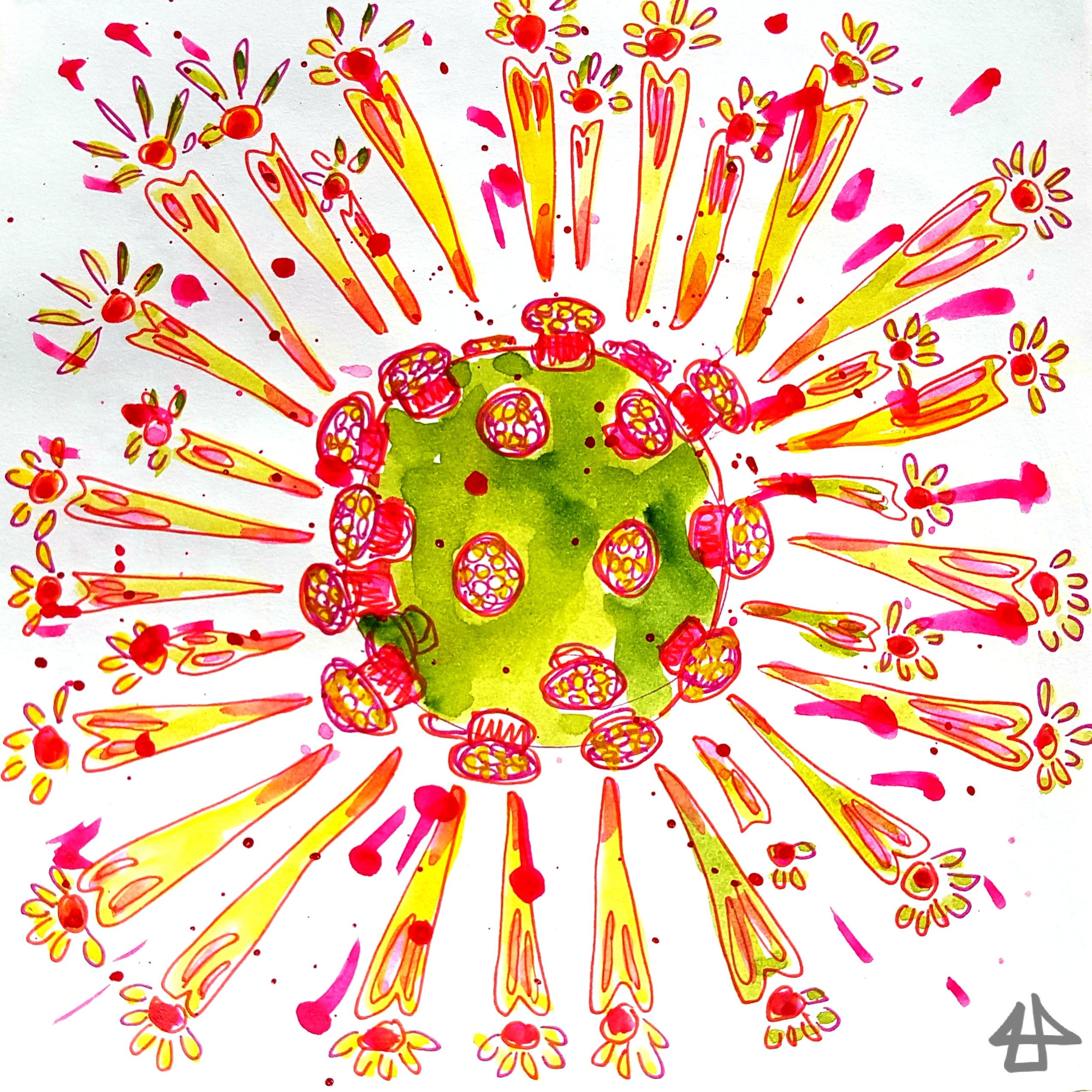 Aquarellierte Finelinerzeichnung eines stilisierten Coronavirus in gelb, pink und grasgrün.