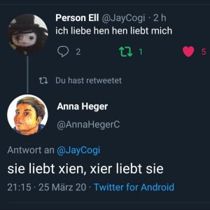 Twitter Screenshot, @JayCogi schreibt: ich liebe hen, hen liebt mich, @annahegerc schreibt: sie liebt xien, xier liebt mich