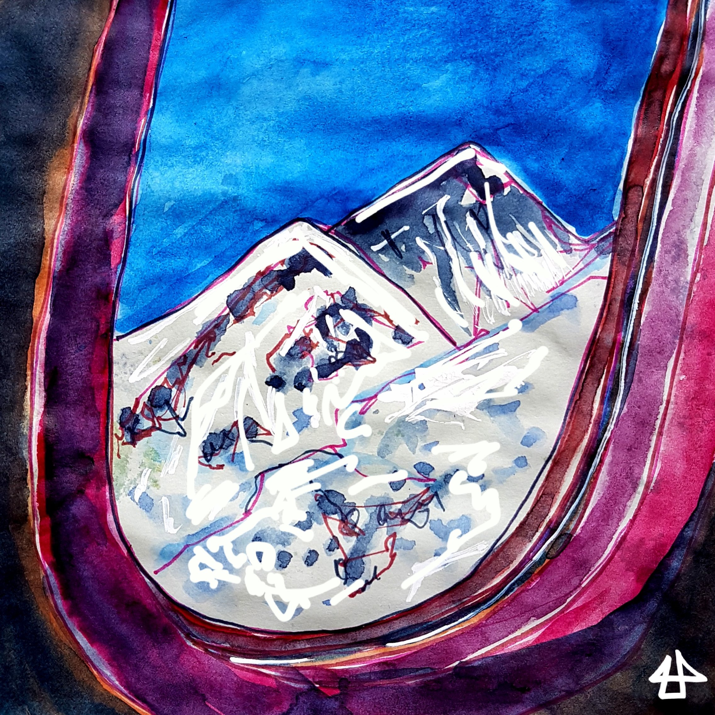 Aquarellierte Zeichnung: Blick aus einem Flugzeugfenster auf die Spitzen des Mount Everest, alles in Blau und Lilatönen.