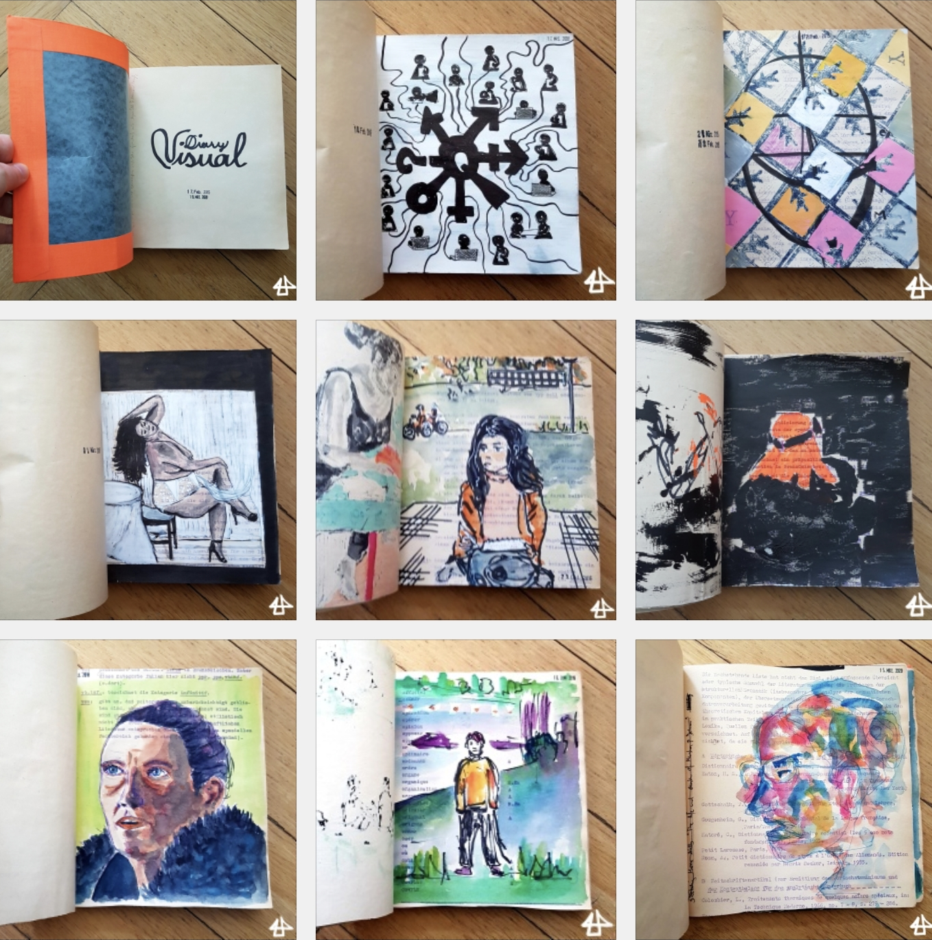 Mosaik aus 9 Zeichnungen des Skizzenbuches: Deckblatt mit dem Titel Visual Diary in verschlungenen handschriftlichen Buchstaben, eine Grafik eines komplexen Zeichens was mit unterschiedlichen Pfeilen auf symbolische Menschen zeigt, Mosaik von bunten Quadraten mit kleinen gestempelten Häschen in den Ecken, Akt einer dicken Person mit weissen Unterhosen und Hackenschuhen, eine Person mit langen offenen Haaren auf einer Picknickdecke, abstrakte orangene Form auf schwarz, Portrait einer Person mit Dutt und Fellkragen, eine Person am Seeufer von weitem, mit legeren Hosen und Sweatshirt, sehr buntes Profil einer Person mit Fünfzigerjahrebrille.
