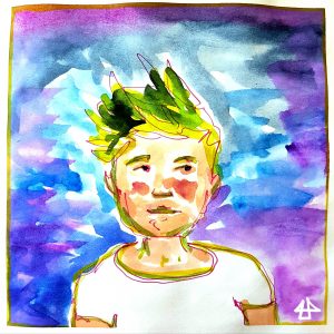 Finelinerporträt mit Aquarellkollorierung: Mensch mit grünen Haaren, roten Wangen und weißem T-Shirt.