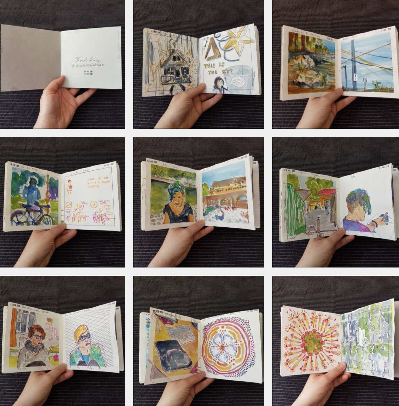 Mosaik von 9 Fotos, immer mit einer Doppelseite eines quadratischen Skizzenbuches: Deckblatt mit dem Titel Visual Diary und Immer Zeichnen in verschlungenen handschriftlichen Buchstaben, Hexenhaus auf Beinen mit Buntstiften, Steine im Fluss plus Elektroleitungen in einer Strasse, Mensch mit Fahrrad in Aquarell plus 2 mal Hourly Comic Day Skizzen mit Fineliner, Aquarelle eins einer Person am Fluss plus das Wehr am Fluss, Aquarelle von Verkaufsbuden plus ein Portrait von hinten, zwei Portraits mit Fineliner und Aquarell, eine Blüte im Mandalastil plus eine Skizzenbuch auf nem Tisch, sehr bunt ein Coronavirus plus Wassertropfen an einer Scheibe.