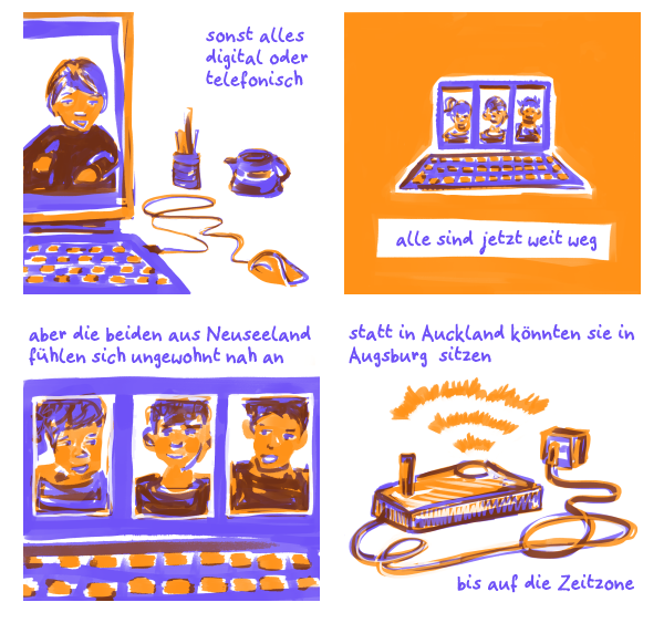 zweifarbiger digitaler Comic in orange und blau, das ganze Comic wird im folgenden in reinen Text transkribiert