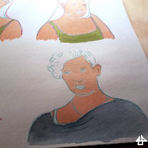 Buntstiftzeichnung von Menschen auf Aquarellpapier mit unvollständiger Aquarellkollorierung