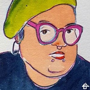 Aquarell mit Buntstift: Gesichtsausschnitt von Person mit pinker Brille und gelber Mütze