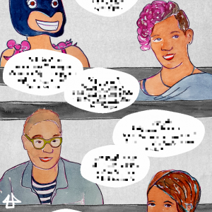 Aquarellzeichnungen und digitale gepixelte Sprechblasen von 3 Menschen und einer Comicfigur