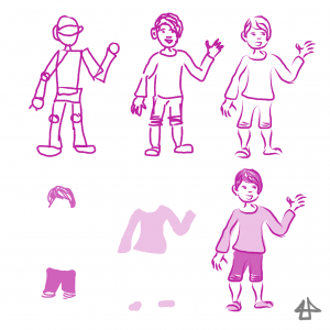Digitale Zeichnung einer Person in pink, erst grob dann immer detailierter.