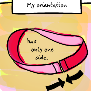 Digital color drawing with text, 'My orientation has only one side and strip of paper, twisted and glued like a Möbius strip.