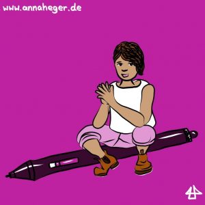Einfacher, digital gezeichneter Avatar von Illi Anna Heger sitzt auf einem riesigen digitalen Zeichenstift.