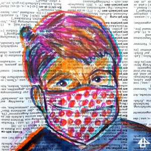 Colored pencil sketch on dictionary page, white person with short brownish magenta hair and white face mask with red dots on it.