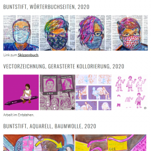 Screenshot der Portfolioseite mit Zeichnungen von Menschen mit Masken und Arbeitsschritte für online Comic.