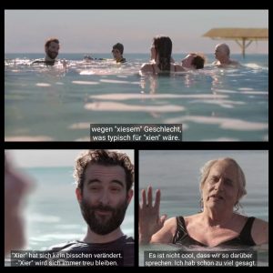 Screenshots aus Transparent mit Untertiteln: Fünf Erwachsende treiben im toten Meer und unterhalten sich. Der Bärtige fährt fort: „…wegen xiesem Geschlecht, was typisch für xien wäre. Xier hat sich kein bisschen verändert, was typisch für xien wäre.“ Die Ältere mit nassen, langen grauen Haaren erwidert: “ Es ist nicht cool, dass wir so darüber sprechen. Ich habe schon zu viel gesagt.“