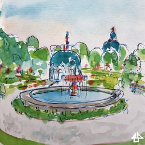 Finelinerzeichnung mit Aquarell: Springbrunnen mit Dianatempel dahinter.