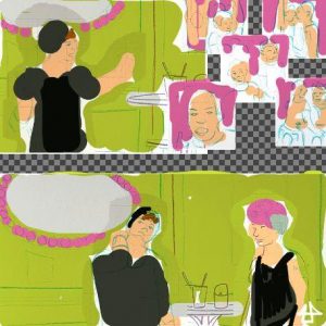 Ausschnitt aus grob kolorierten Comic Panels: Hintergründe sind pink oder grasgrün. Die zwei Hauptcharaktere im Vordergrund beide weiß mit schwarzen Kleidern, mit braunen und pinken Haaren.