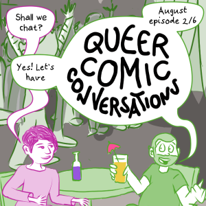 Comic image teaser for the August Episode 2/6, Sam and Anna sit in bar sipping drinks and discussing labels.