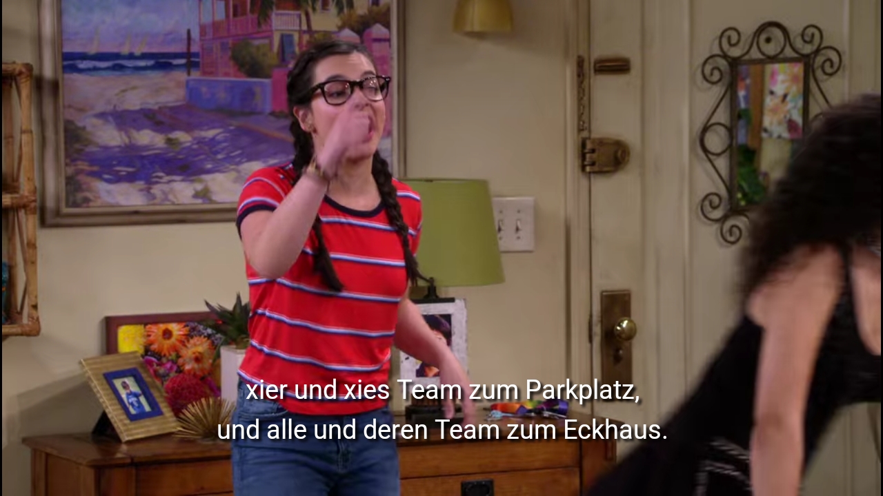 Elena fährt fort: xier und xies Team zum Parkplatz und alle und deren Team zum Eckhaus.