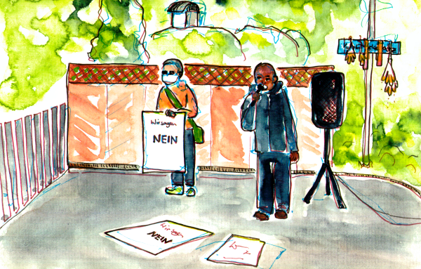 Watercolor Sketch, another activist is spreaking, somebody else holds a poster saying: We are saying no.