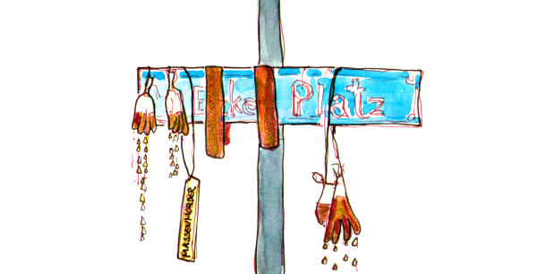 Watercolor Sketch, at a blue street sign art is installed: hanging disposable gloves filled with red liquid that drips from it, red ribbons, a yellow sign saying 