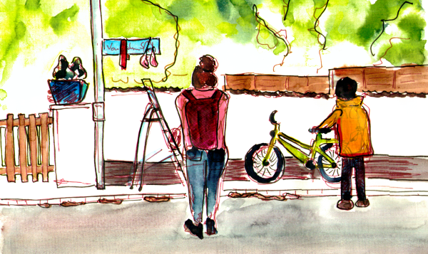 Watercolor Sketch, two people are standing in front of a street sign in a residential area, there is the art installation and a ladder still standing.