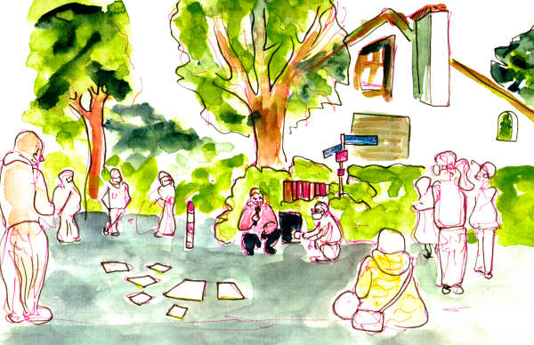 Watercolor Sketch, a city councilor speaks at a street corner in front of a residential building. People listening stand around him in wide circles. They are roughly sketched