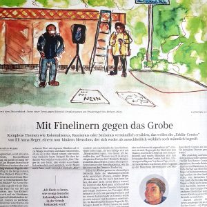 Ausschnitt des gedruckten Zeitungsartikel mit der Überschrift Mit Finelinern gegen das Grobe, darüber ist eine Aquarellzeichnung von der Aktion DECOLONIZE München abgebildet. Weiter unten ein kleines Selbstporträt von Illi Anna Heger.