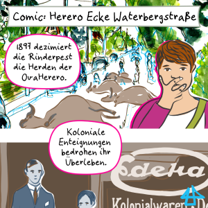 Ausschnitt aus dem Comic, Herero- Ecke Waterbergstraße: Vorstadtstraße mit toten Rindern, davor ein Mensch, der die Hand vor den Mund schlägt, darunter eine alte Photographie eines Edeka Geschäftes. Text: 1897 dezimiert die Rinderpest die Herden der OvaHerero. Koloniale Enteignungen bedrohen ihr Überleben.