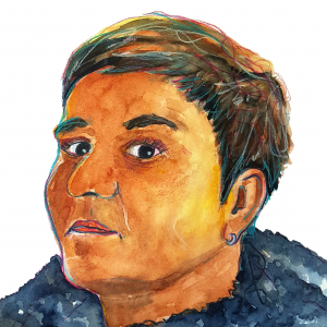 detailiertes Selbstportrait von Illi Anna Heger mit Buntstiften und Aquarell auf Papier, kurze Braune Haare, flauschiger schwarzer Hoodie, keine Brille.