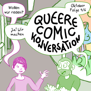 Ankündigungsbild für die Oktober Episode von Queer Comic Conversations: Sam und Anna in einem Krankenhausflur in Neuseeland.