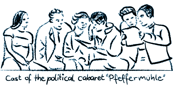 Sketch of the cast of the political cabaret >Pfeffermühle<.