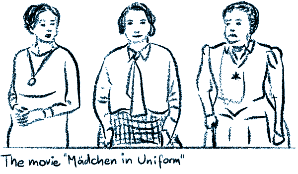 Sketch of the author Christa Winsloe in the middle, on the right Erika Mann in her role of a German teacher, left Therese Giehse as the Reverend Mother.