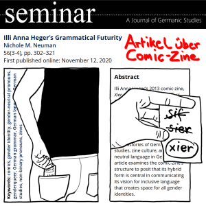 Kombination aus meiner Illustration und Text vom Artikel Illi Anna Heger's Grammatical Futurity von Nichole M. Neuman in Seminar: A Journal of Germanic Studies, 56(3-4), 302-321, 2020. Unter den rot handschriftlich geschriebenen Worten: Artikel über Comic-Zine, die Zeichnung von einer Hand die einen Zettel aus der Gesäßtasche nimmt. Dann dieselbe Hand mit einem Zettel, die Worte sif und sier sind durchgestrichen, xier umkreist. Dahinter sind das Abstrakt und die Keywords eingefügt, siehe Link.