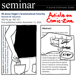 Combination of my illustration and text from the article: Illi Anna Heger's Grammatical Futurity by Nichole M. Neuman in Seminar: A Journal of Germanic Studies, 56(3-4), 302-321, 2020. Under red handwritten letters: Article on Comic-Zine, the drawing of a hand retrieving a piece of paper from the back-pocket of their pants. Then the same hand with a piece of paper, the words sif and sier are crossed out, xier is circled. Behind the abstract and keywords of the paper are inserted, see at following link: www.utpjournals.press/doi/abs/10.3138/seminar.56.3-4.05