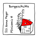 Minicomic 16: Burggeschichte. Ein kleines krakelig gezeichnetes Häuschen mit rotem Dach.
