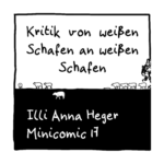 Minicomic 17 Weiße Schafe. Weiße Schafe stehen zwischen Bäumen auf einem Deich.