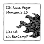 Minicomic 20: Was ist ein Barcamp? Das flammende schwarze Barcampsymbol dekoriert mit weissen Spiralen.