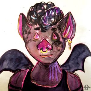 Color pencil and aquarell sketch. The humanoid bat person has curly hair, big bat ears, black wings, a black tank top, dark purple tinged skin, a golden nose ring and ear ring for jewlery.