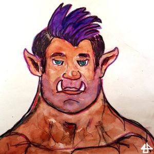 Color pencil and watercolor sketch. Muscly person with a five o'clock shadow,blue hair and darker side cuts on both sides, green eyes and short tusks peeking out of the mouth.