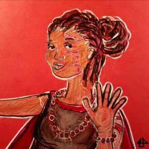 Color pencil and watercolor sketch on red paper. Young woman with locs in a bun and tribal tattooes on her arm and face. She wears a necklace and bracelet from cherry sized red beads, a grey shirt and a red cape.