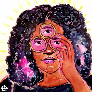 Color Pencil and water color sketch. Nimisha with a shoulder length center parted afro touches glases with one hand. The glasses have three single round glasses one for each of the three eyes.