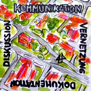 Zeichnung mit Buntstiften und Aquarell. An den vier Seiten des quadratischen Bildes prangen handgeschrieben die Wörter: Kommunikation, Diskussion, Vernetzung, Dokumentation. Da hinter die Vogelperspektive auf von sich verzweigenden Straßen und Häusern. In der Mitte der Zeichnung wurde das Logo von Illi Anna Heger, was wie ein Haus aussieht, eingefügt.