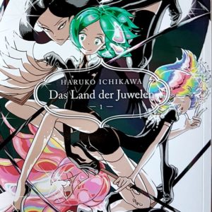 Coverbild des Mangas »Das Land der Juwelen 1« von Haruko Ichikawa, Verschiedene sehr dünne Figuren mit halblangen Haaren in verschiedenen Farbtönen wirbeln durch die Luft und trage Schwerter.