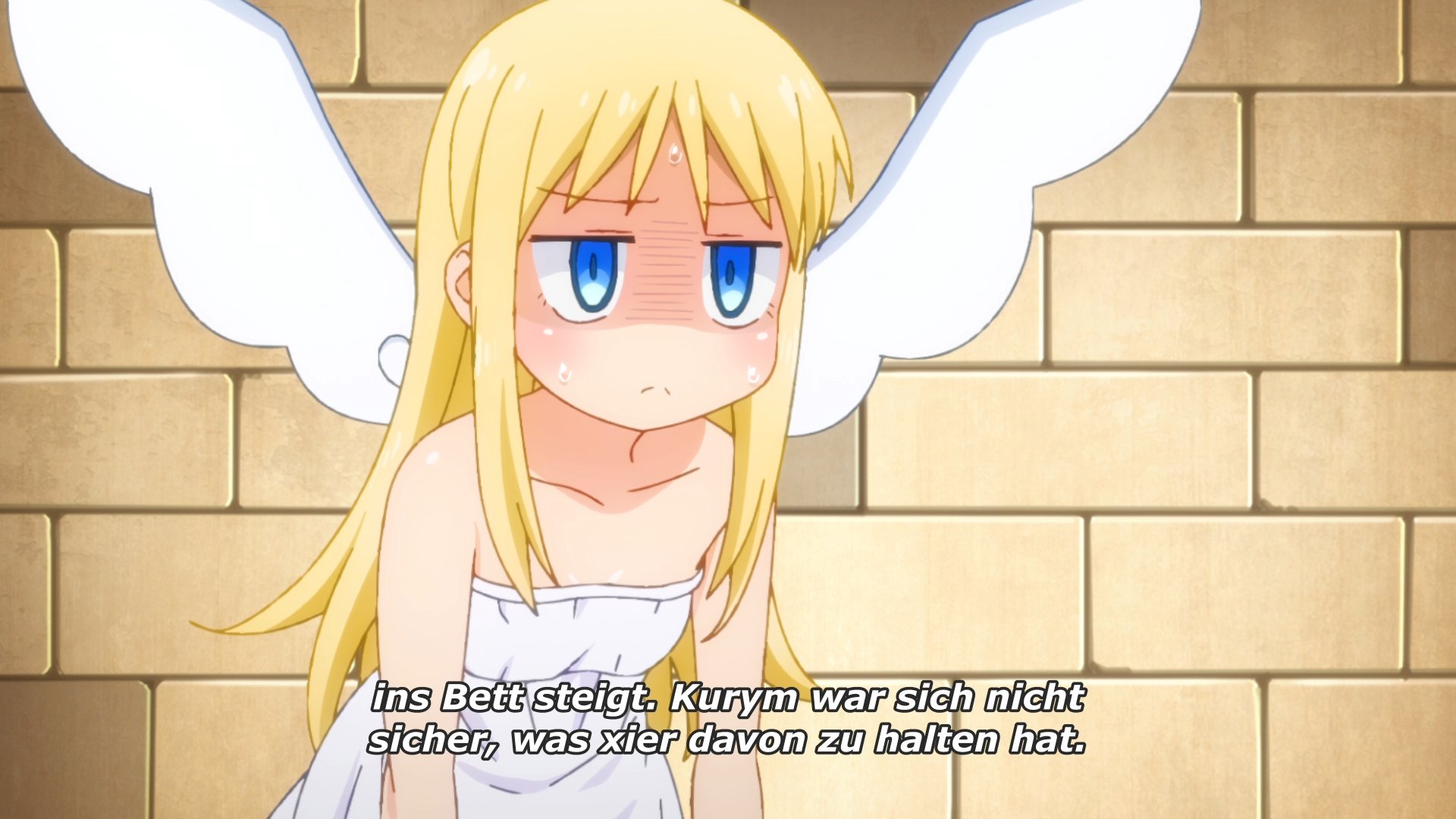 Anime-Screenshot: Kurym, ein Engel mit weissen Flügeln, langen blonden Haaren und entnervtem Gesicht lässt die Schultern hängen. Untertitel: »... ins Bett steigt. Kurym war sich nicht sicher, was xier davon zu halten hat«.