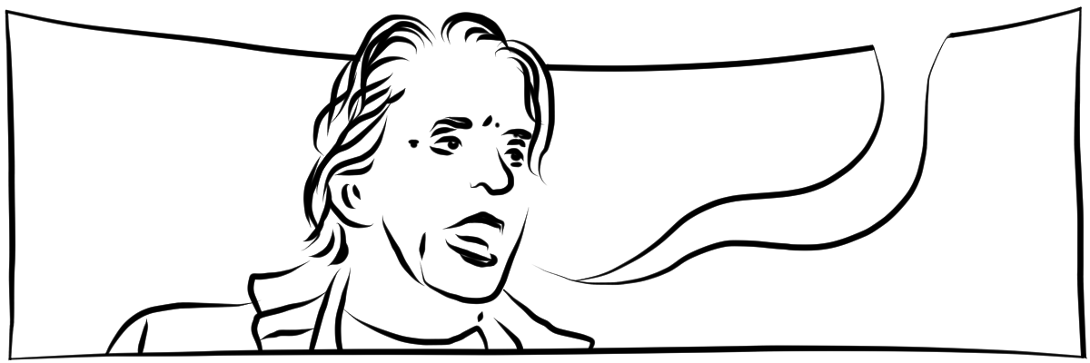 Illustration mit schwarzen digitalen Linien auf weißem Hintergrund.Ein Person mit welligen halblangen Haaren und hoher Stirn brüllt etwas. Die Sprechblase ist leer.