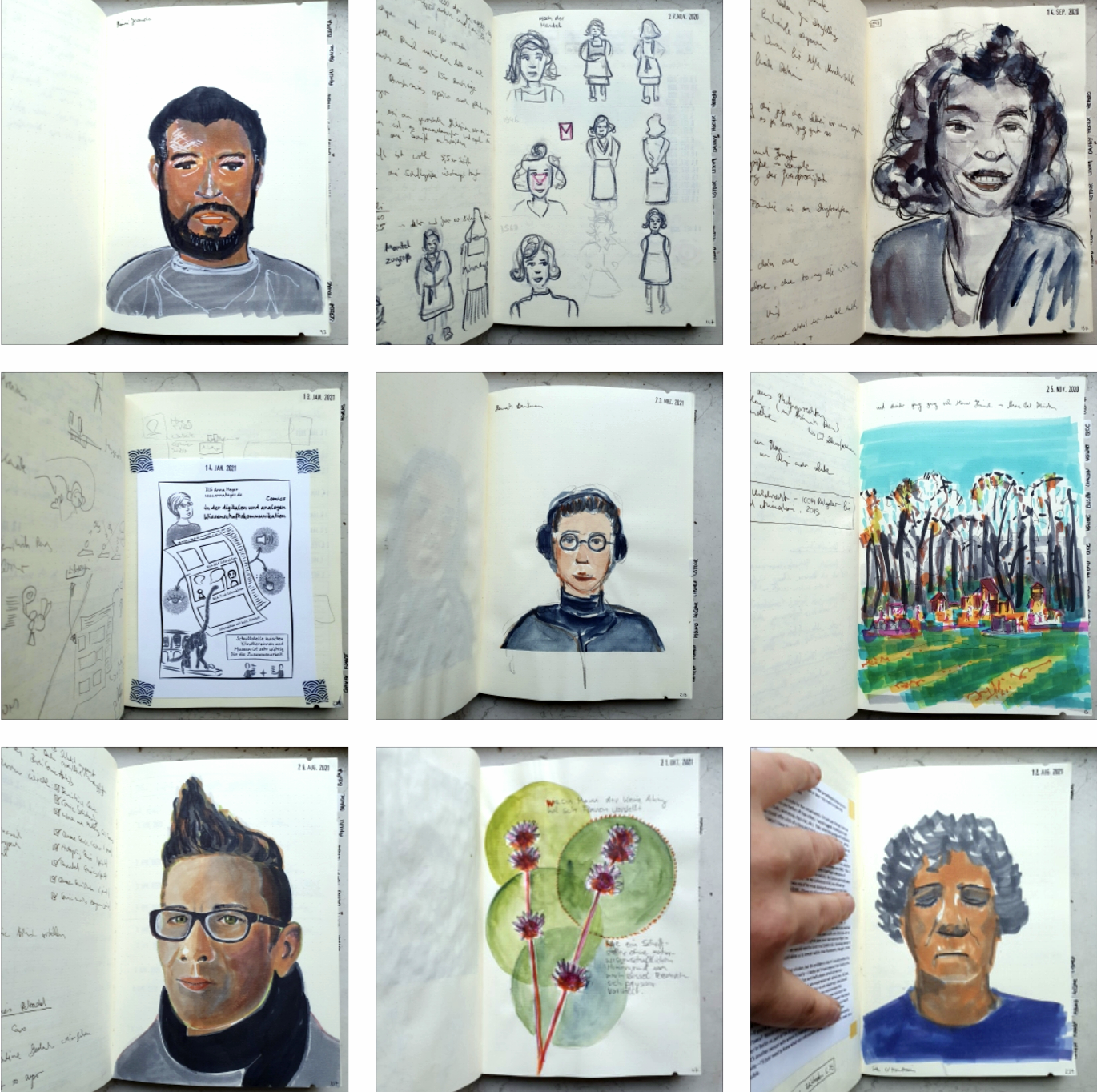 Mosaik aus 9 Fotos aus dem Skizzenbuches: Filzstift Portrait einer Person of Color mit Vollbart und grauem Shirt, verschiedene Buntstiftzeichnungen einer weißen Person mit halblangen Locken, Aquarell Portrait einer weissen Person mit halblangen gelockten Haaren, ausgeducktes und mit blauen Klebebandstücken eingefügter Plakatentwurf, Aquarell Portrait einer weissen Person mit kurzen Haaren und Kopfhörern, Filzstiftzeichnung eines Spielplates mit großen Bäumen, Filzstiftportrait einer weißen Person mit aus der Stirn gegelten Haaren, dunkler Brille und dunklem Schal.
Aquarellzeichnung von stacheligen roten Blütenständen mit vier grünen Kreisen im Hintergrund, Filzstiftportrait einer weissen Person mit kurzen grauen Locken und lila Oberteil.