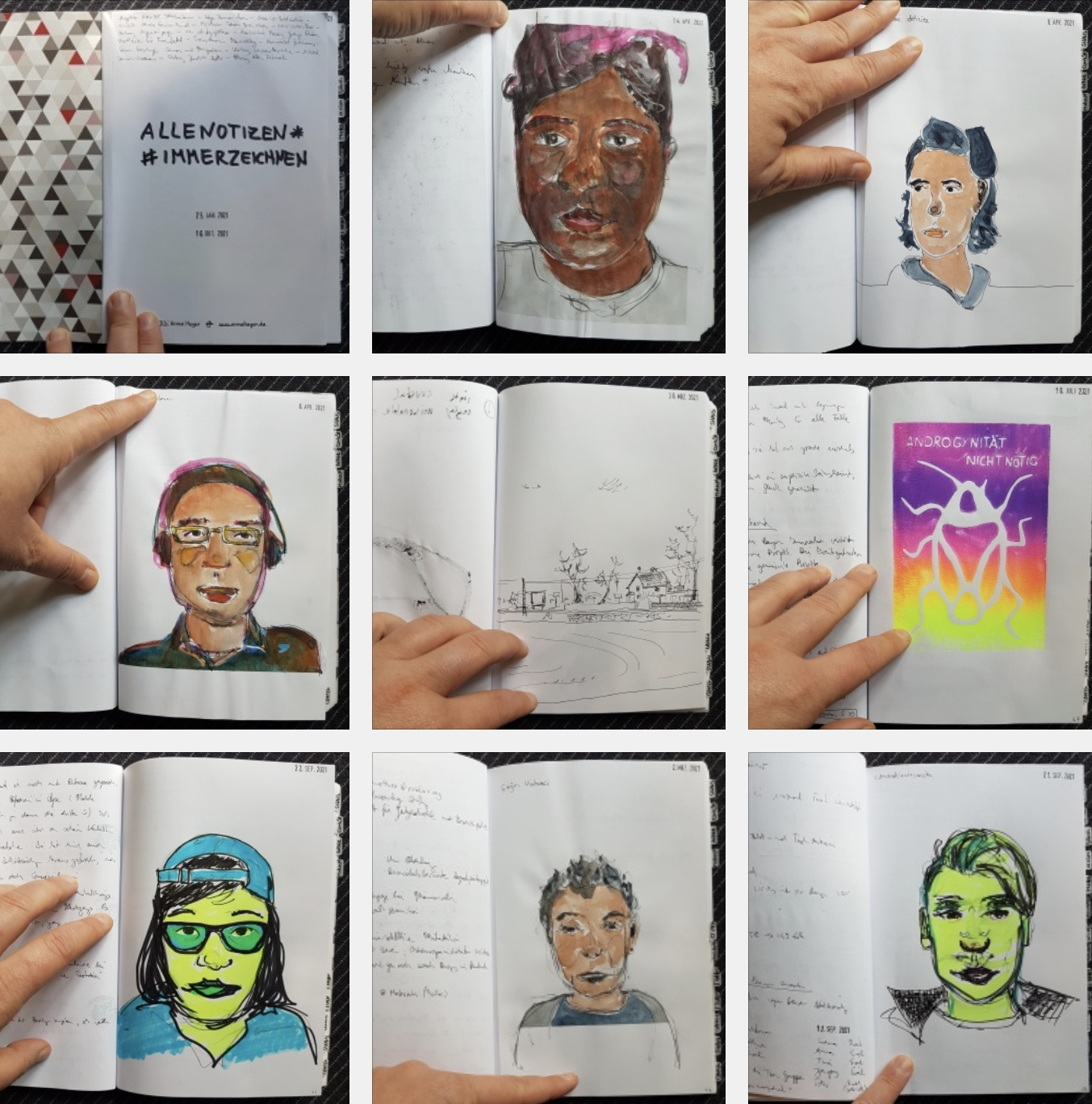 Mosaik aus 9 Fotos aus dem Skizzenbuches: Erste Seite mit den Schriftzügen allenotizen und immerzeichnen, Aquarell Portrait einer schwarzen Person mit kurzen pinken Haaren, Aquarell Portrait einer weissen Person mit halblangen gelockten Haaren, Aquarell Portrait einer weißen Person mit raspelkurzen Haaren und Kopfhörern, Füllerzeichnung Landschaft mit Feld und Häusern in der Ferne, Linoldruck in mit Farbverlauf von lila nach neongelb einer Wanze mit dem Schriftzug: Androgynität nicht notwendig, Neon-Textmarker Portrait einer Person of Colour mit großer Brille und Base-cap, Aquarell Portrait einer weißen Person mit kurzen dunklen Locken, Neon-Textmarker Portrait einer Person mit glatten nach recht rübergekämmten kurzen Haaren.