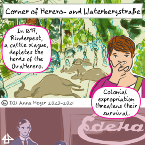 Excerpt of the comic. In the top panel dead cattle lying in the street. A person with short hair and a pink jacket at the side is clapping their hand over their mouth. Text: In 1897, Rinderpest, a cattle plague, depletes the herds of the OvaHerero. Colonial expropriation threatens their survival. Below somebody in suit and tie next to an old fashioned 