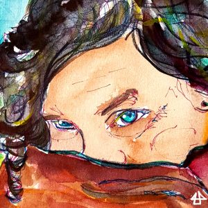 Zeichnung mit Finelinern, Buntstiften und Aquarell: Eine weiße Person mit dunklen Locken und blauen Augen verbirgt das Gesicht halb unter einer Decke.