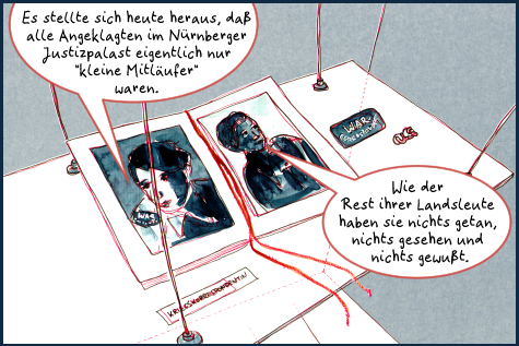 Ausschnitt aus dem Comic Ein Ding zum Durchfahren und Link zu Comic mit vollständiger Texttranskription. Der abgebildete Ausschnitt zeigt eine Glasvitrine der Ausstellung mit einem aufgeschlagenen Buch mit Portraits von Erika Mann. In Sprechblasen erzählt sie von den Landsleuten die nicht gesehen und gewusst hätten und von den Nürnberger Prozessen und angeblichen Mitläufern.